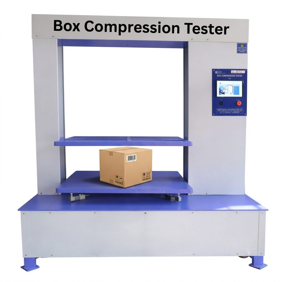 Box compression tester with a corrugated box on the platen
